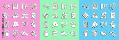 Set line Walkie talkie, Plastic bag with ziplock, Balaclava, Bullet casing ruler, Handcuffs, Stacks paper money cash, Police megaphone and Murder icon. Vector