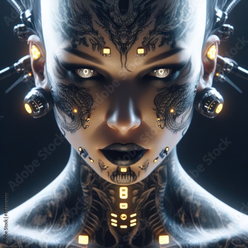 Fantastic portrait of a girl in cyberpunk style with cybernetic implants and dragon tattoos generated by artificial intelligence