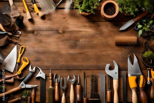 Pristine gardening tools neatly arranged on a wooden workbench.  photo