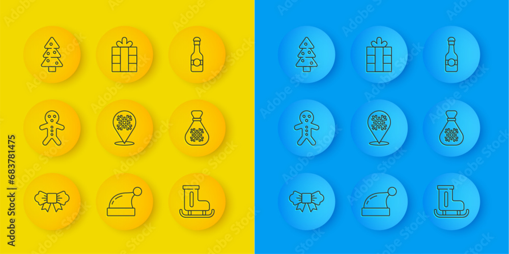 Set line Bow tie, Holiday gingerbread man cookie, Snowflake, Figure skates, Santa Claus bag gift, Christmas tree, Champagne bottle and Gift box icon. Vector Set line Bow tie, Holiday gingerbread man cookie, Snowflake, Figure skates, Santa Claus bag gift, Christmas tree, Champagne bottle and Gift box icon. Vector