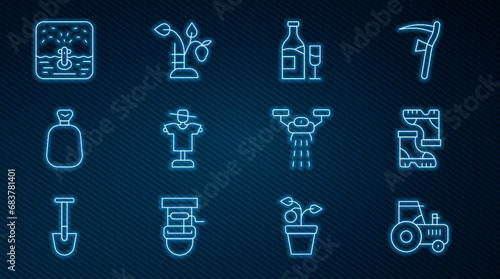 Set line Tractor  Waterproof rubber boot  Wine bottle with glass  Scarecrow  Full sack  Automatic irrigation sprinklers  Smart farm drone and Strawberry bush icon. Vector