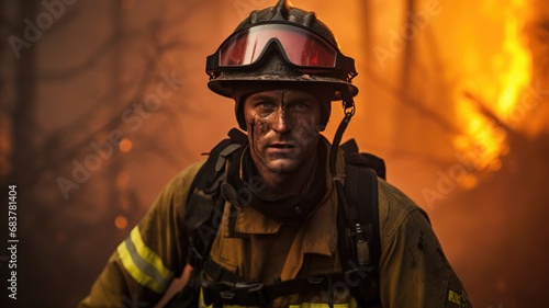 Portrait of a professional male firefighter with his equipment in a wildfire © Iván Berrocal