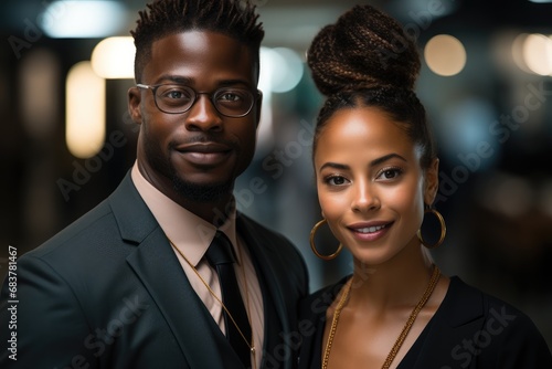 Two black business people posing and looking camera.