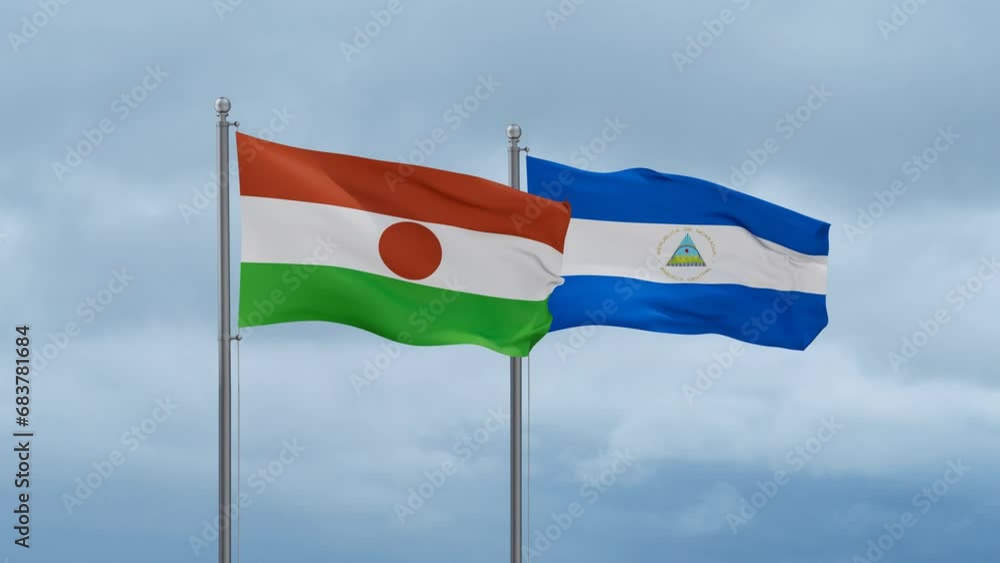 Nicaragua flag and Niger flag waving together on cloudy sky, endless seamless loop, two country relations concept Nicaragua flag and Niger flag waving together on cloudy sky, endless seamless loop, two country relations concept