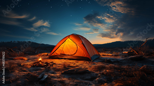 an illuminated tent stands alone in the dark mountains, only the moon shines
