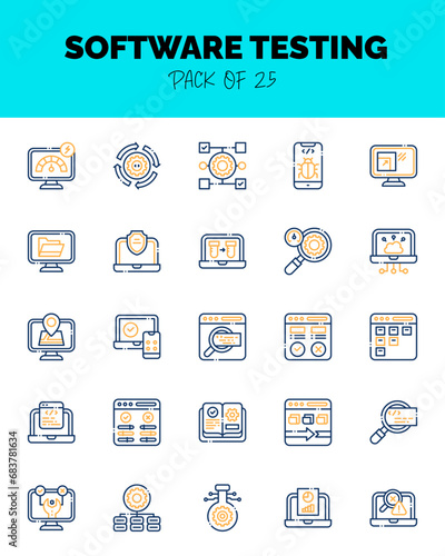 set of Software Testing Two Color icons for logo & web. Vector illustration