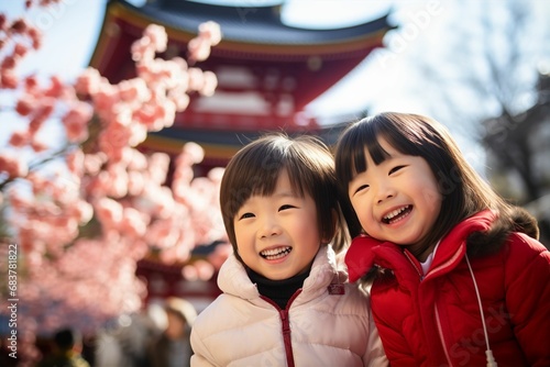 お正月の初詣を楽しむ日本人の子供（新年・神社・家族）