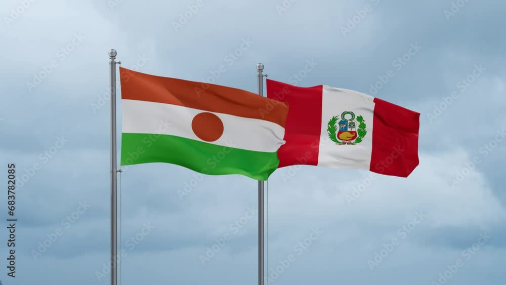 Peru and Niger flag waving together on cloudy sky, endless seamless loop, two country cooperation concept Peru and Niger flag waving together on cloudy sky, endless seamless loop, two country cooperation concept