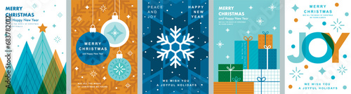 Christmas Minimalist card set - abstract Holidays flyers. Lettering with Christmas and New Year decorative elements.