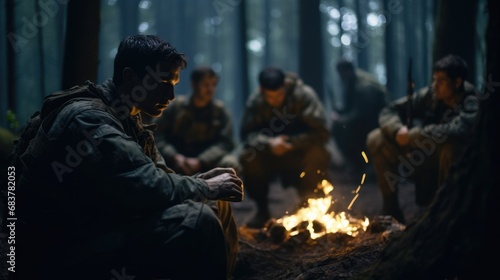 Soldiers sitting around a campfire chatting.