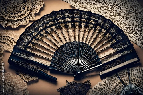 A lace fan with intricate floral patterns.  photo