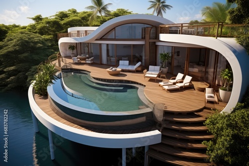 Luxury villa, Curved wood floor deck over the pool surface, Aerial high view. © visoot