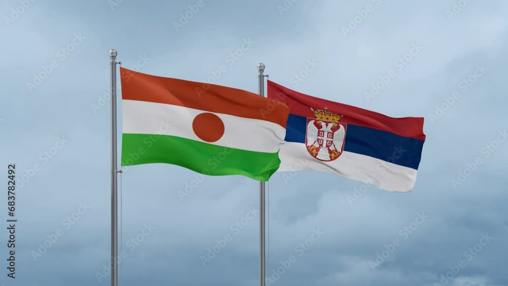 Republic of Serbia and Niger flag waving together on cloudy sky, endless seamless loop, two country cooperation concept Republic of Serbia and Niger flag waving together on cloudy sky, endless seamless loop, two country cooperation concept