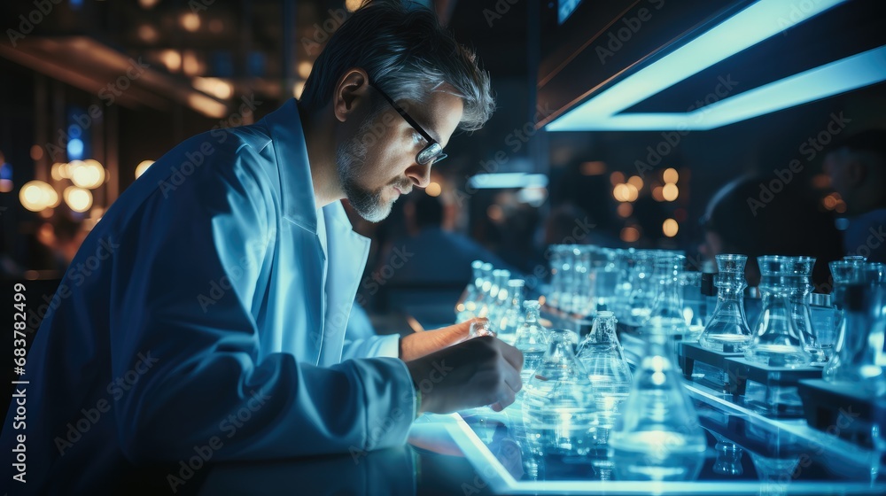 Scientist working in a laboratory with futuristic equipment.