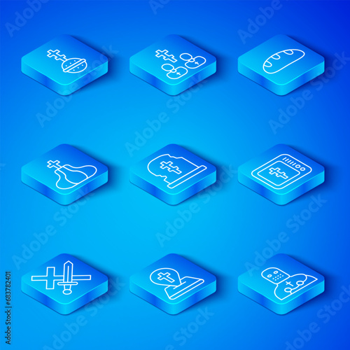Set line Crusade, Grave with tombstone, Location church building, Online pastor preaching, Bread loaf, Church tower, Christian cross and Knight crusader icon. Vector