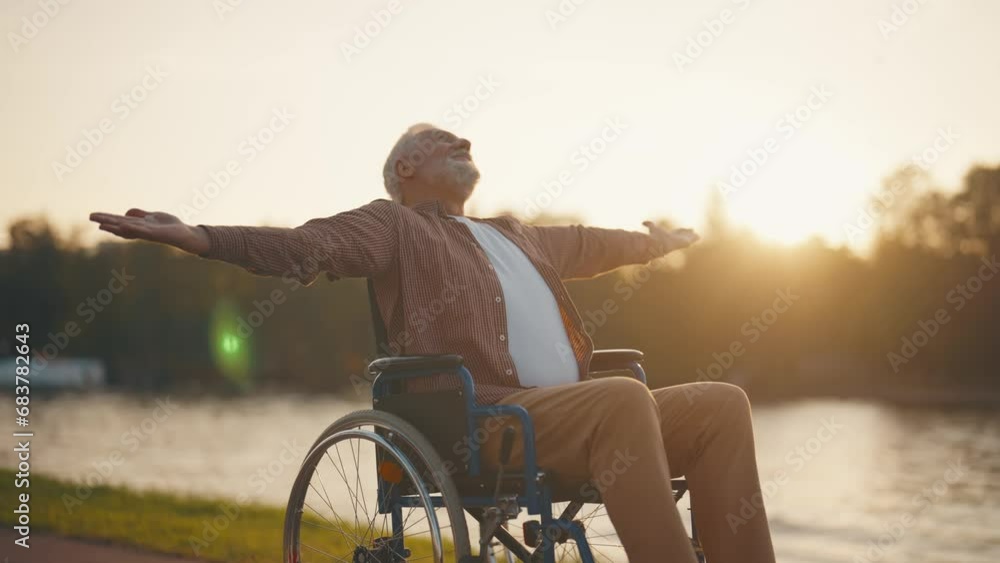 Senior man in wheelchair enjoys freedom. Male with special need spreading arms on sides smiling breathing fresh air walking in city park near pond. Living with physical disability in old age concept. Senior man in wheelchair enjoys freedom. Male with special need spreading arms on sides smiling breathing fresh air walking in city park near pond. Living with physical disability in old age concept.