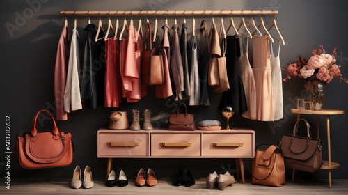 Rack with different stylish women clothes.