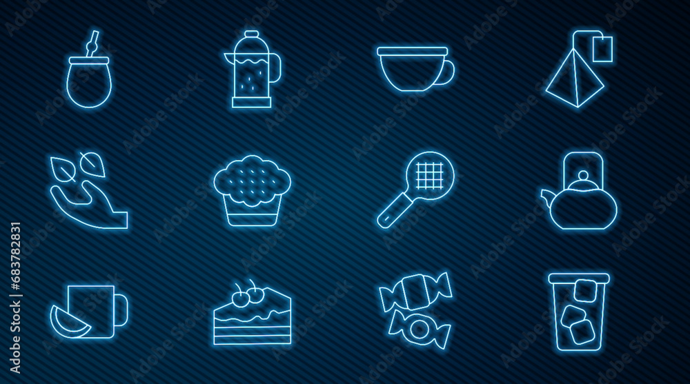 Set line Ice tea, Kettle with handle, Cup of, Muffin, Tea leaf, Mate, strainer and French press icon. Vector Set line Ice tea, Kettle with handle, Cup of, Muffin, Tea leaf, Mate, strainer and French press icon. Vector