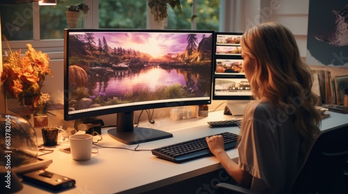 woman is Video editing with computer at white home office. photo