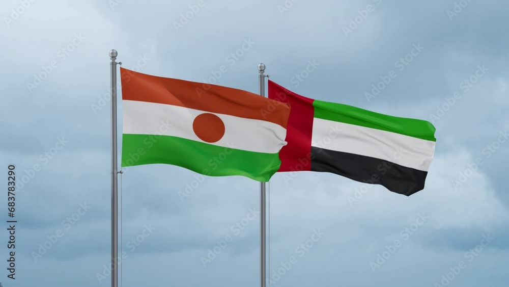 United Arab Emirates and Niger flag waving together on cloudy sky, endless seamless loop, two country cooperation concept United Arab Emirates and Niger flag waving together on cloudy sky, endless seamless loop, two country cooperation concept