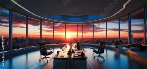 Office space on top floor with evening sky.