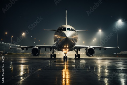 A large plane landing or flying in on the runway on a dark night against the background of burning lamps on poles.