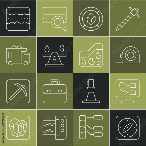 Set line Compass, Soil analysis, Roulette construction, Oil money, Mining dump truck, ground layers and Ground icon. Vector