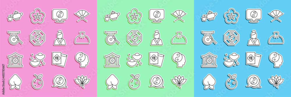 Set line Lotus flower, Yin Yang symbol, Dumpling, Gong musical instrument, Chinese tea ceremony and Asian woman icon. Vector Set line Lotus flower, Yin Yang symbol, Dumpling, Gong musical instrument, Chinese tea ceremony and Asian woman icon. Vector