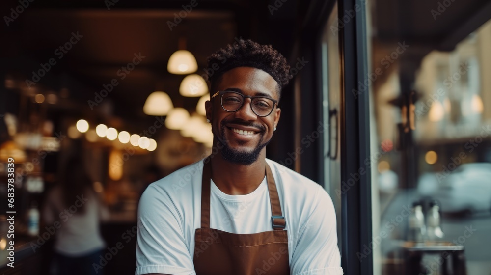 Portrait of a smiling African American male barista leaning with her arms crossed on the door of a trendy cafe.