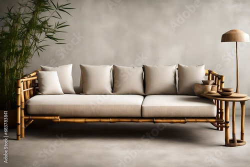 Compose an image of a bamboo sofa in a zen-inspired environment, emphasizing its simplicity. 