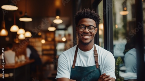 Portrait of a smiling African American male barista leaning with her arms crossed on the door of a trendy cafe.