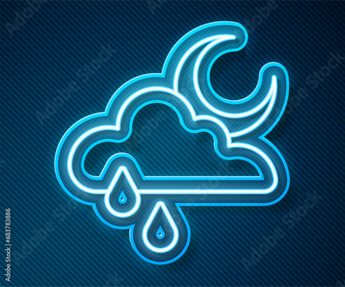 Glowing neon line Cloud with rain and moon icon isolated on blue background. Rain cloud precipitation with rain drops. Vector