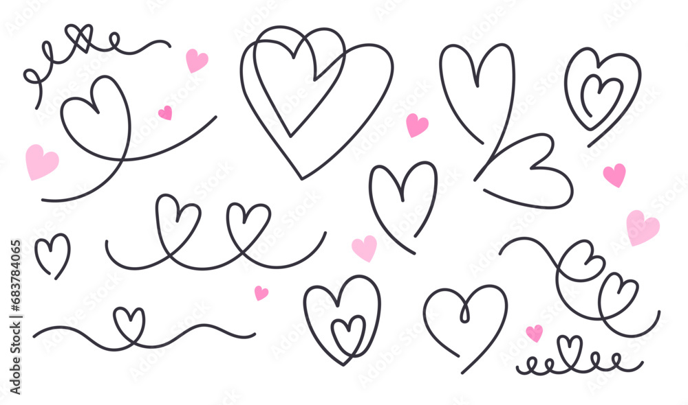 Heart Vector Set: Linear, Diverse Styles for Holidays, Prints, Logos. Trendy Design Elements for Digital Projects. Continuous line hearts set vector illustration.