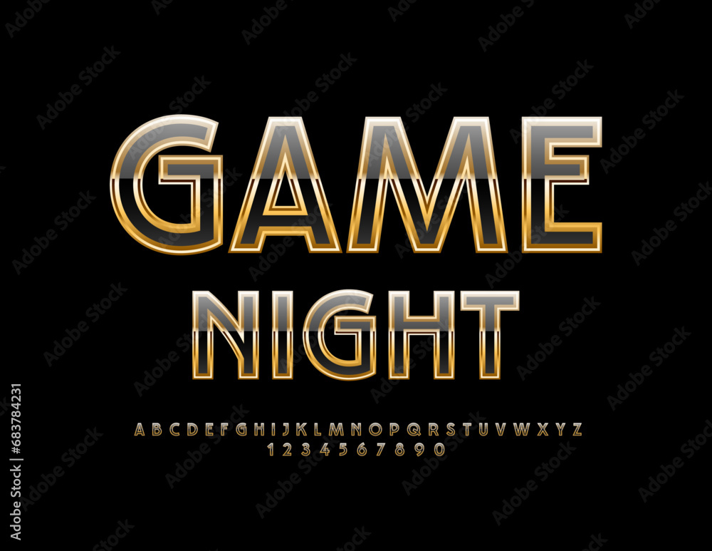 Vector event flyer Game Night with Blue and Gold Font. Elegant set of Alphabet Letters and Numbers