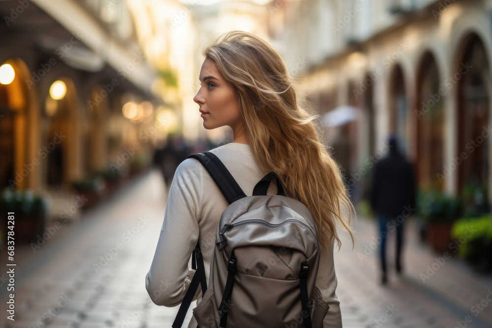Woman in active wear walking through a city with a black backpack.