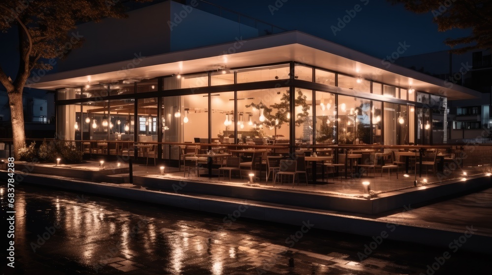 Modern restaurant exterior at night.