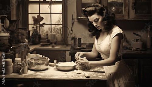 Vintage portrait of a housewife in the kitchen baking a cake or cookies. Young beauty woman cooks in the kitchen retro style old design photo