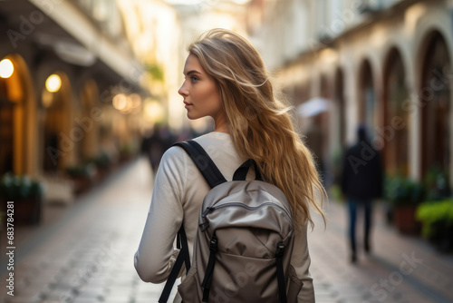 Woman in active wear walking through a city with a black backpack.