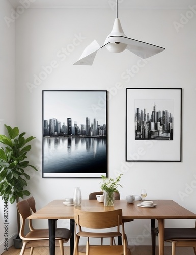 modern dining room, complete with a sleek wooden table and chairs with frame poster generative ai
