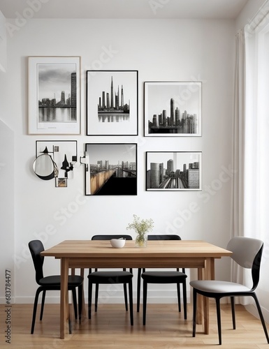 modern dining room, complete with a sleek wooden table and chairs with frame poster generative ai