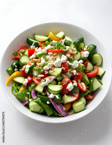 Fresh vegetable salad in a bowl with splashes isolated on white background, generative ai