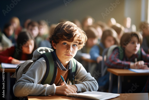 Young boy at school in a lesson class. Boy at the desk in a classroom. Boy smiling at school. Education. AI.​
