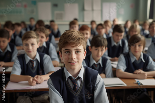 Young boy at school in a lesson class. Boy at the desk in a classroom. Boy smiling at school. Education. AI.​