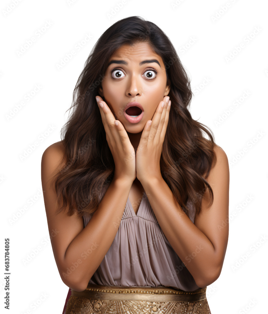Excited Asian Young Indian Woman: Surprised Expression with Hands Covering Mouth. Isolated on transparent background. Excited Asian Young Indian Woman: Surprised Expression with Hands Covering Mouth. Isolated on transparent background.