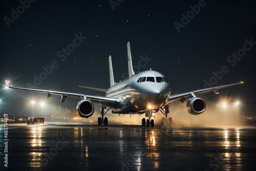 Landing or flying in a large plane on the runway at night.