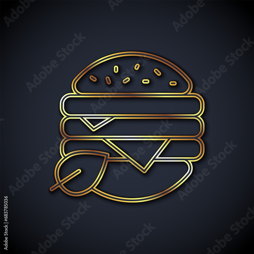 Gold line Vegan food diet icon isolated on black background. Organic, bio, eco symbol. Vegan, no meat, lactose free, healthy, fresh and nonviolent food. Vector