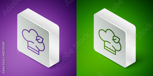 Isometric line Vegan food diet icon isolated on purple and green background. Organic, bio, eco symbol. Vegan, no meat, lactose free, healthy, fresh and nonviolent food. Silver square button. Vector