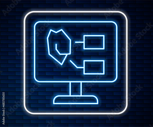 Glowing neon line Agricultural soil test and results icon isolated on brick wall background. Digital soil analysis. Vector