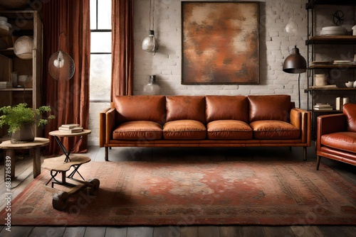 Capture the rustic beauty of a Rust Color Sofa, complementing a charming and vintage home. 