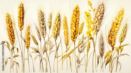 Ears of grain. Farm life watercolor illustration. Agriculture art. Gardening.